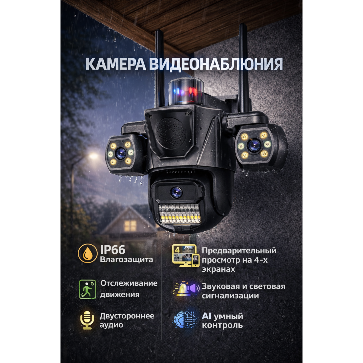 Умная уличная камера видеонаблюдения 6 МП с AI, 3 камеры