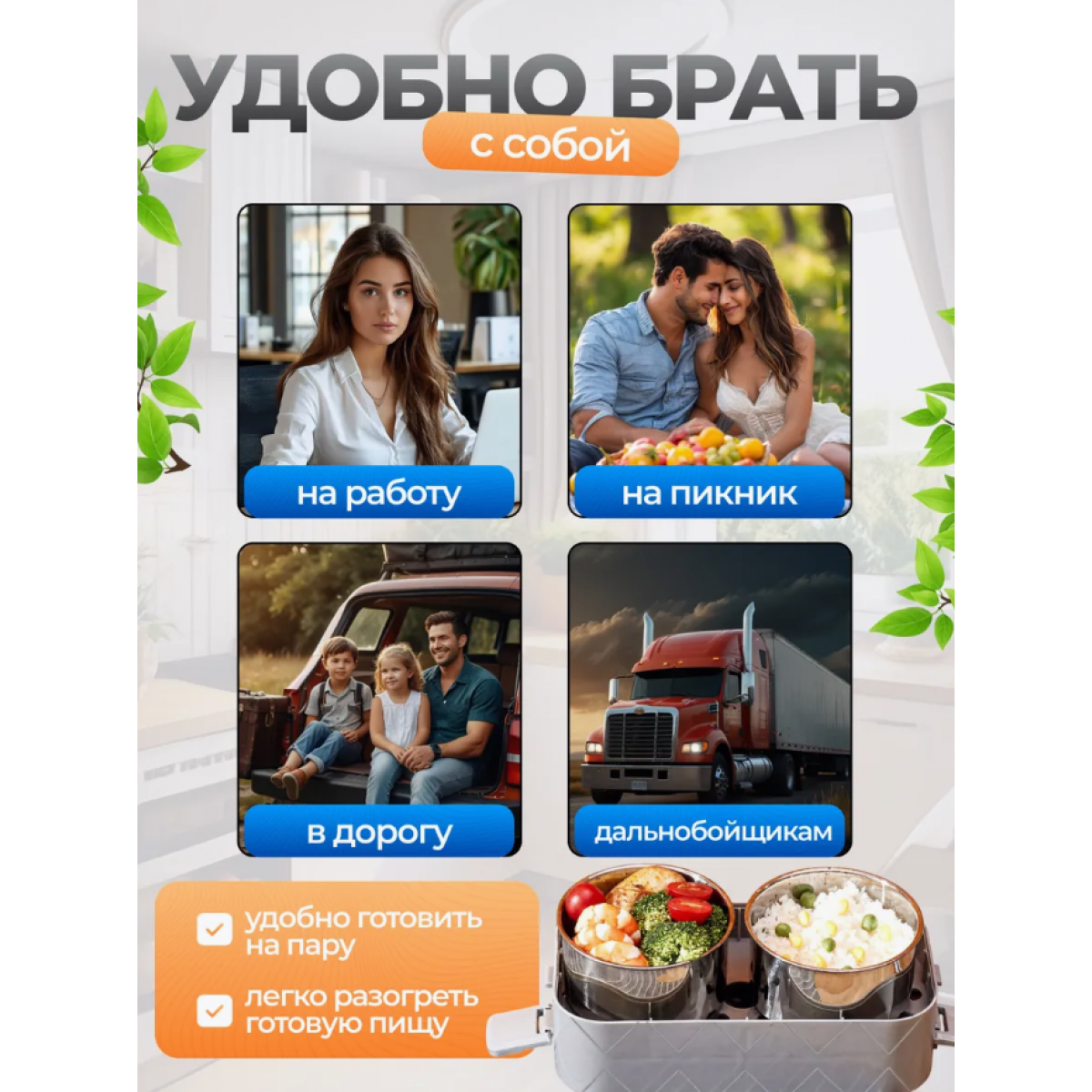 Ланч бокс паровой с подогревом двухуровневый