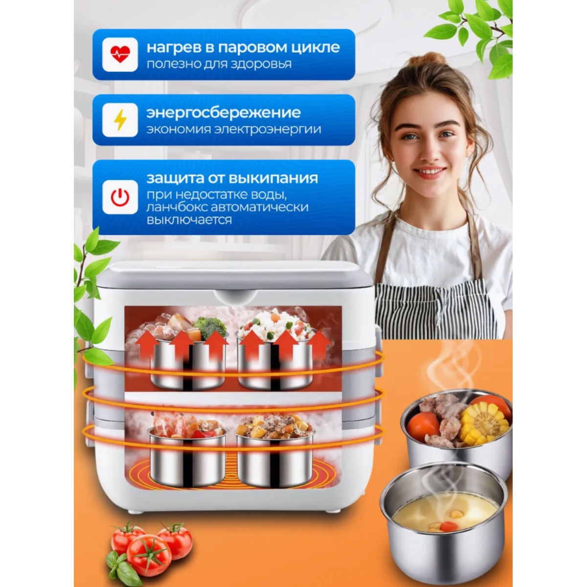 Ланч бокс паровой с подогревом двухуровневый