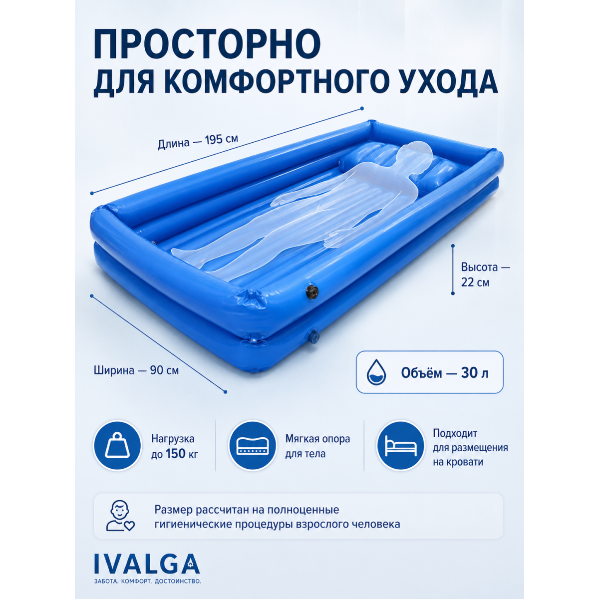 Надувная ванна IVALGA для мытья лежачих людей 195×90×22 см, до 150 кг, с электрическим компрессором