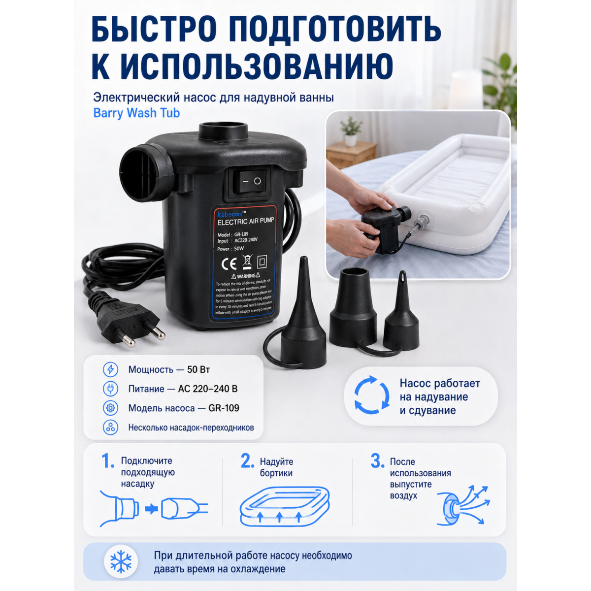 Надувная ванна для мытья лежачих людей Barry Wash Tub 190 х 90 х 22 см с электрическим насосом