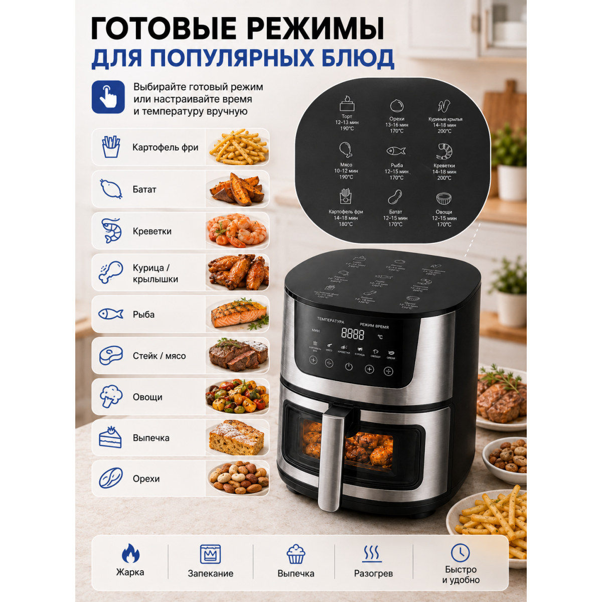 Аэрогриль 7 л 2400 Вт с сенсорным управлением и смотровым окном