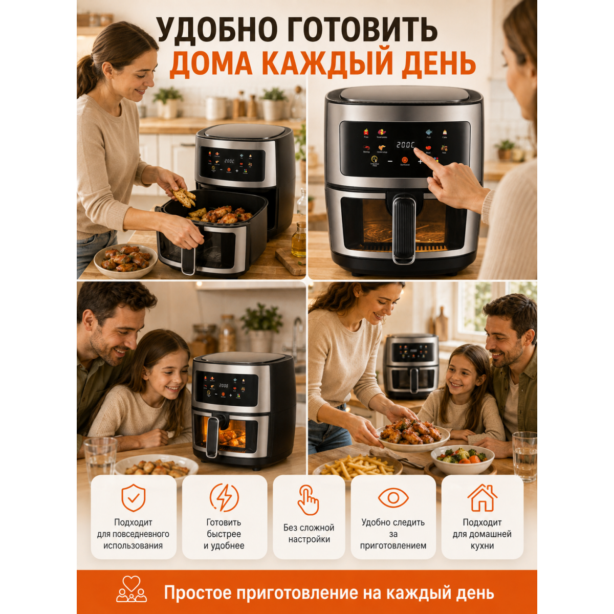 Аэрогриль 8 л 2400 Вт с сенсорным управлением и смотровым окном, 8 программ, 60–200 °C, таймер до 2 часов
