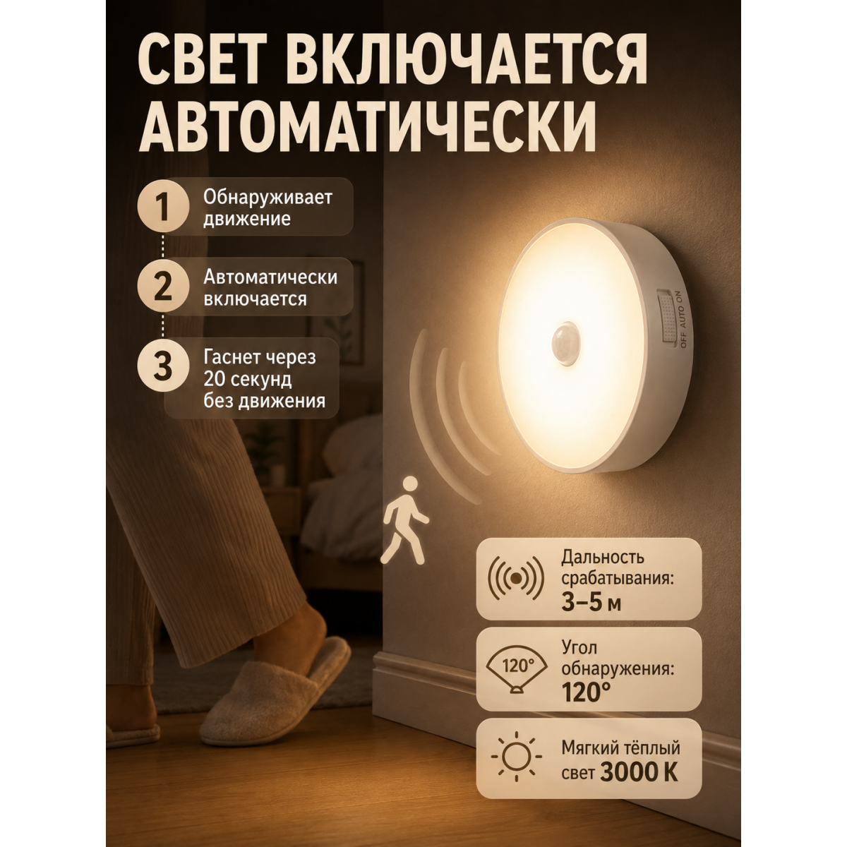 Беспроводной светодиодный светильник с датчиком движения