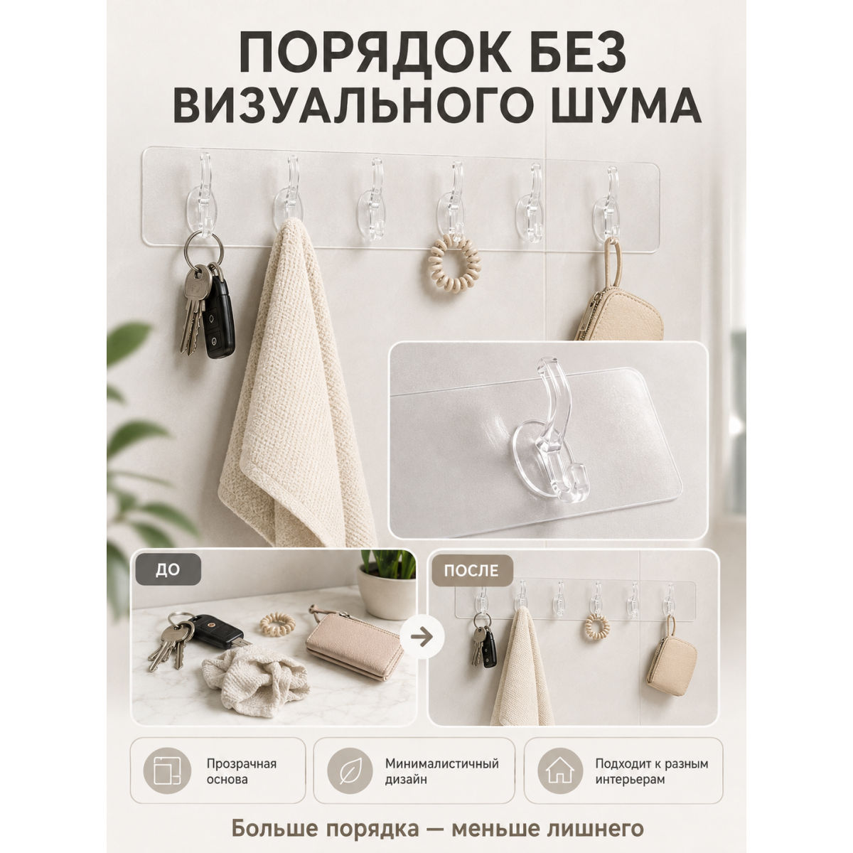 Вешалка настенная прозрачная с 6 крючками