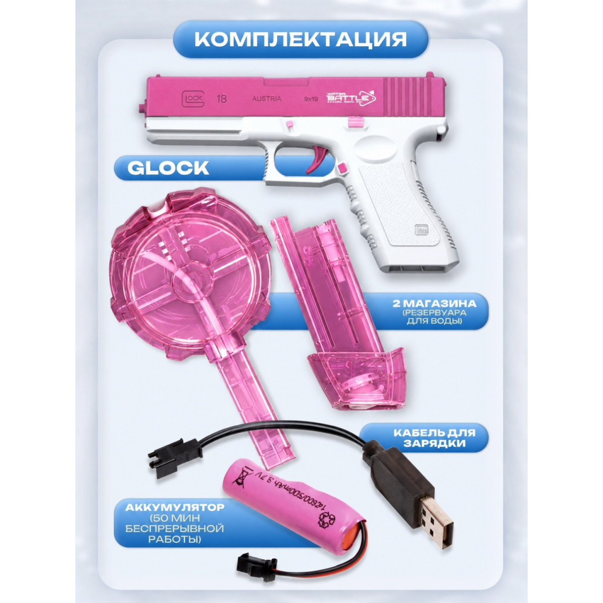 Игрушечный водяной пистолет электрический с аккумулятором Glock (водный пистолет Глок)