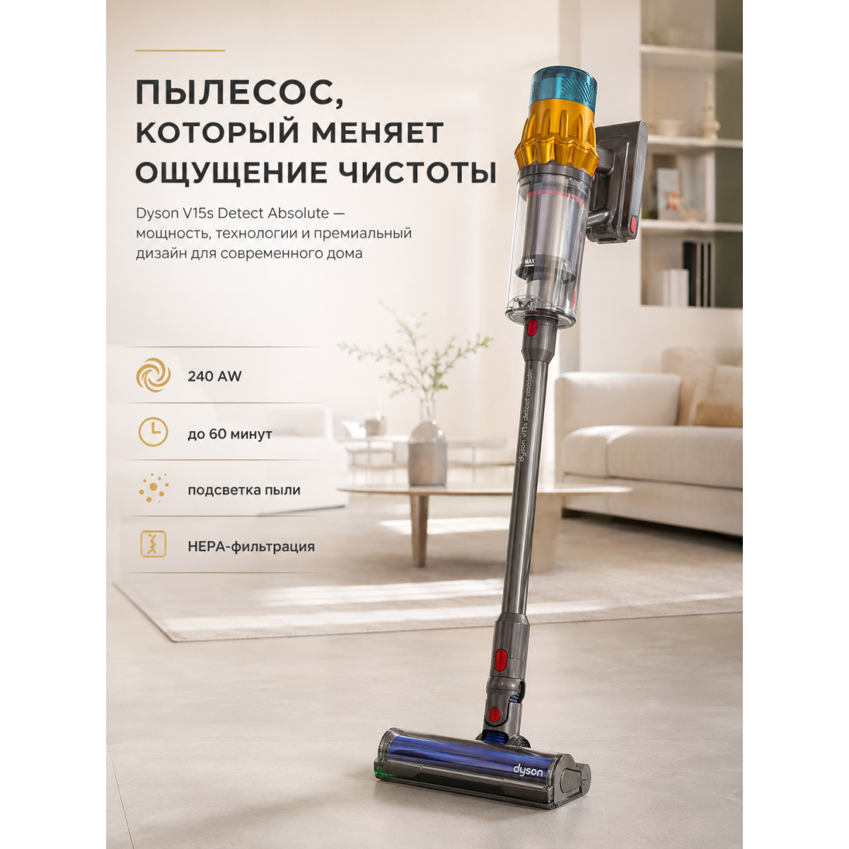 Беспроводной пылесос Dyson V15s Detect Absolute с подсветкой пыли
