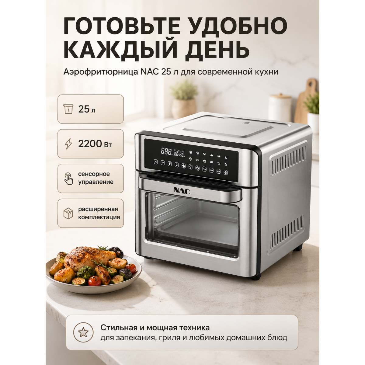 Аэрофритюрница NAC 25 л Air Fryer Oven 2200 Вт с сенсорным дисплеем