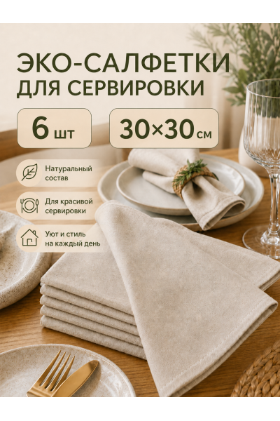 Салфетки сервировочные тканевые для стола 30 Х 30 см, 6 шт, хлопок и лён, бежевые Салфетки сервировочные тканевые для стола 30 Х 30 см, 6 шт, хлопок и лён, бежевые