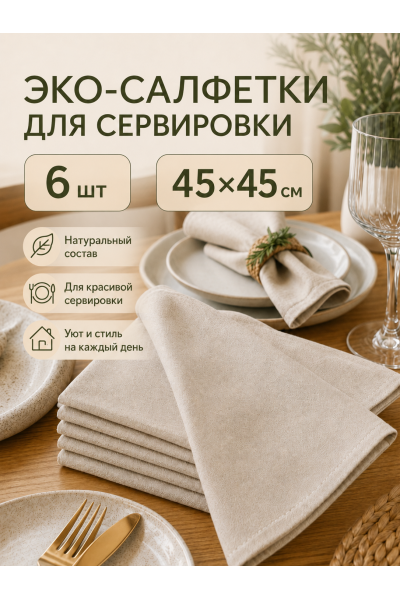 Салфетки сервировочные тканевые для стола 45×45 см, 6 шт, хлопок и лён, бежевые Салфетки сервировочные тканевые для стола 45×45 см, 6 шт, хлопок и лён, бежевые