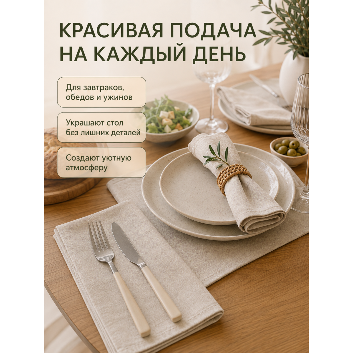 Салфетки сервировочные тканевые для стола 45×45 см, 6 шт, хлопок и лён, бежевые