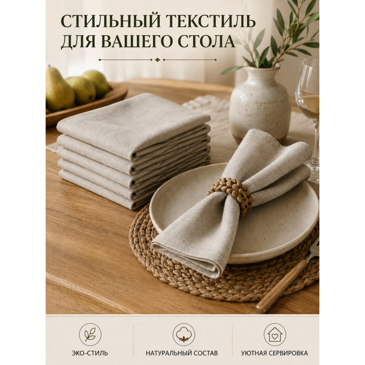 Салфетки сервировочные тканевые для стола 45×45 см, 6 шт, хлопок и лён, бежевые