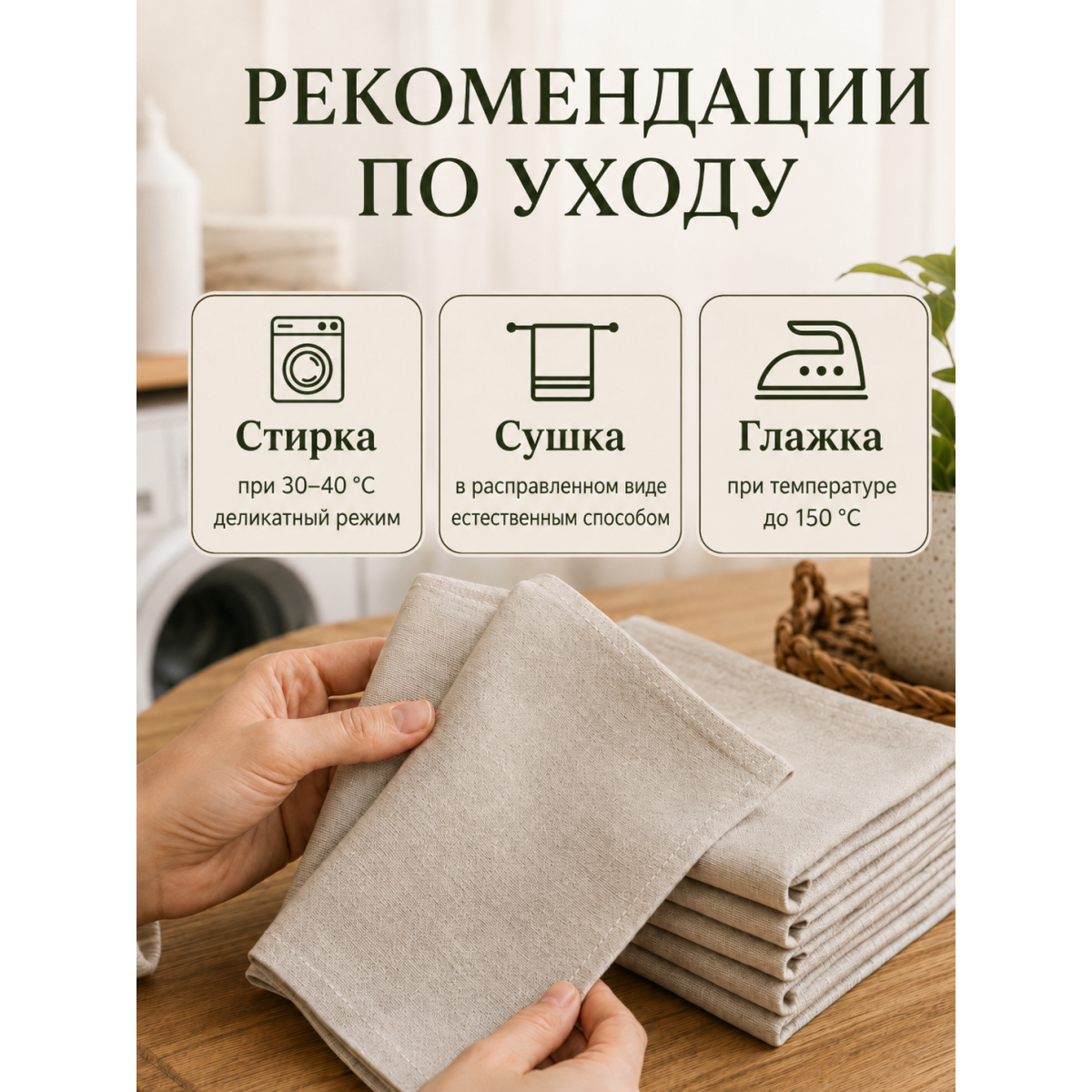 Салфетки сервировочные тканевые для стола 45×45 см, 6 шт, хлопок и лён, бежевые