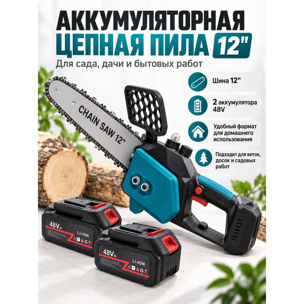 Аккумуляторная мини-цепная пила 12", 2 аккумулятора 48V Li-ion, шина 30 см