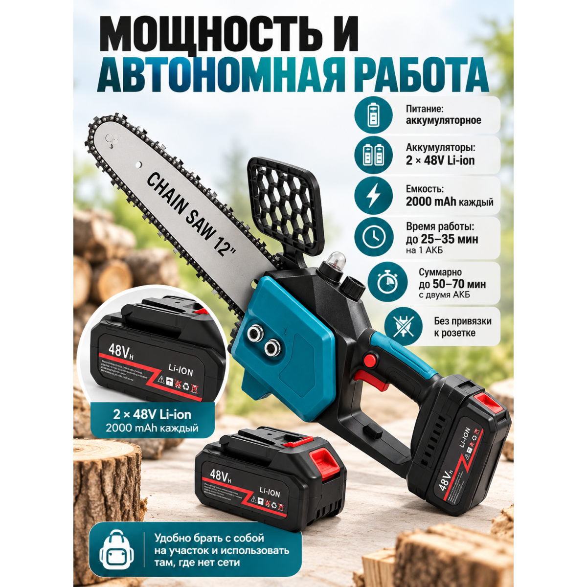 Аккумуляторная мини-цепная пила 12", 2 аккумулятора 48V Li-ion, шина 30 см