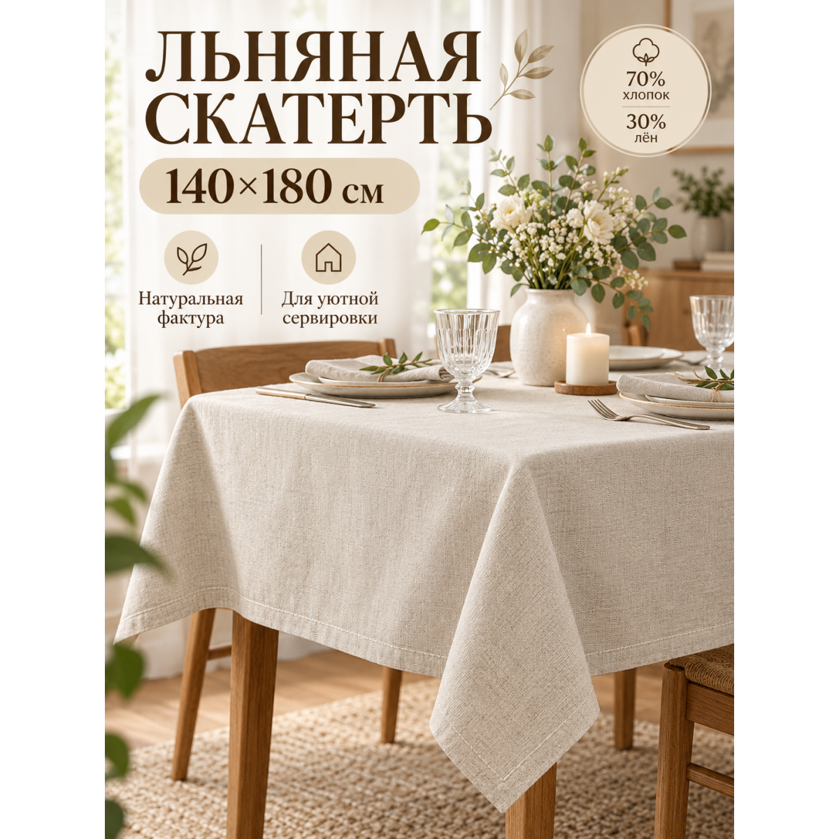 Скатерть прямоугольная 140 х 180 см бежевая