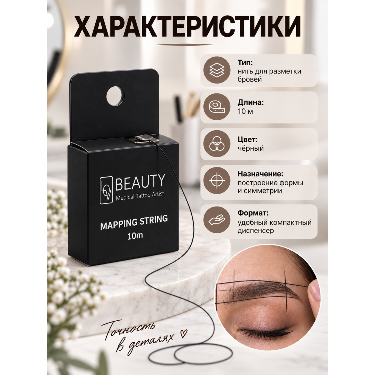 Нить для разметки и архитектуры бровей, для построения формы и перманентного макияжа, черная, 10 м