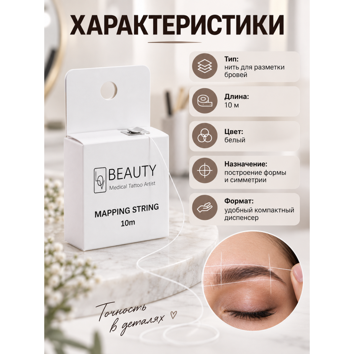 Нить для разметки и архитектуры бровей, для построения формы и перманентного макияжа, белая, 10 м