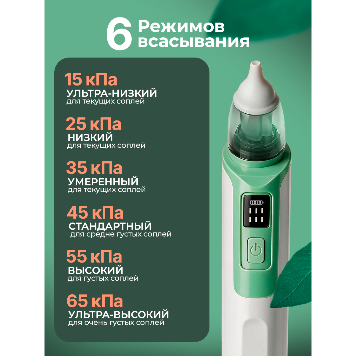 Аспиратор назальный для детей (бесшумный соплеотсос) зеленый