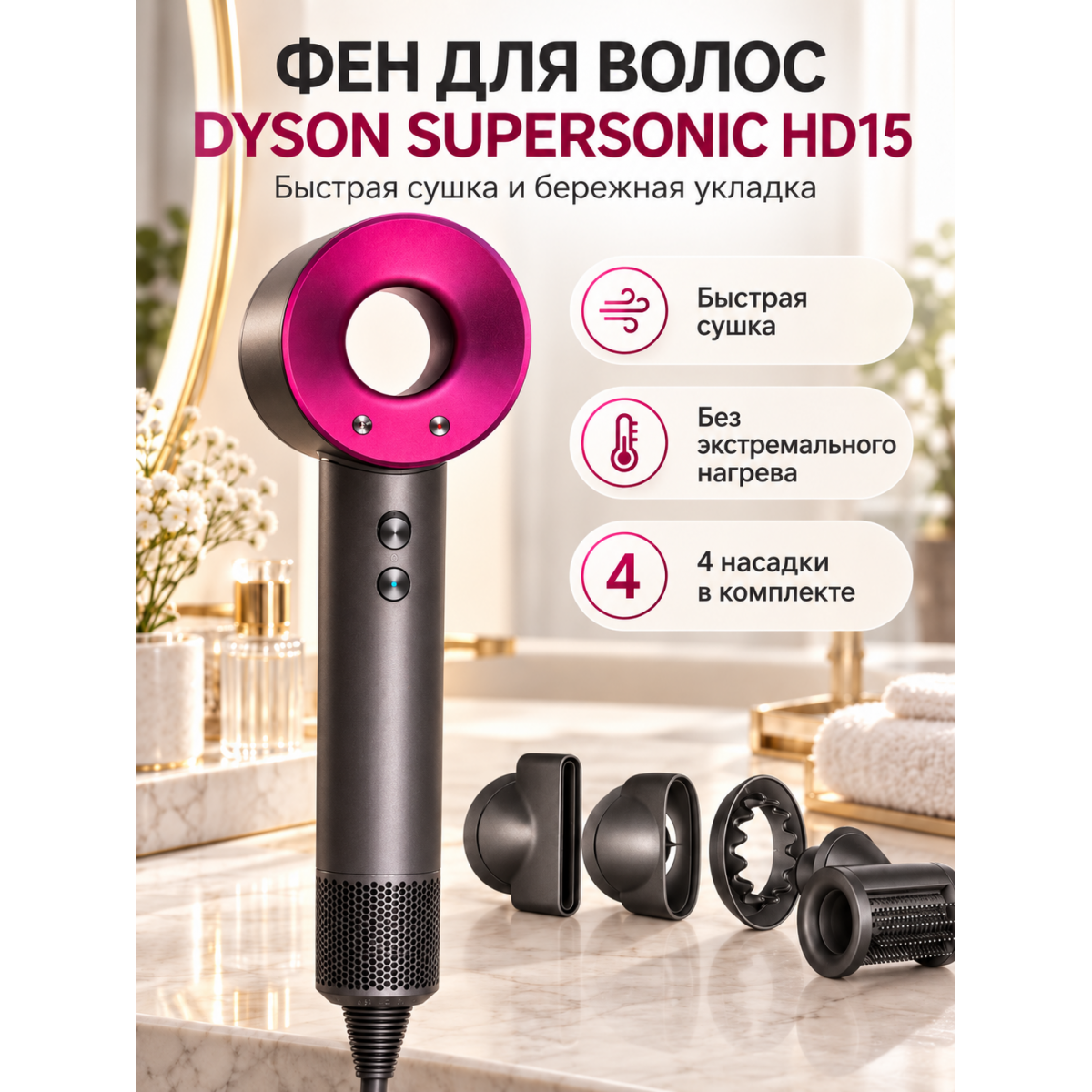 Фен для волос Dyson Supersonic HD15 с 4 насадками, 3 скорости, 4 температурных режима