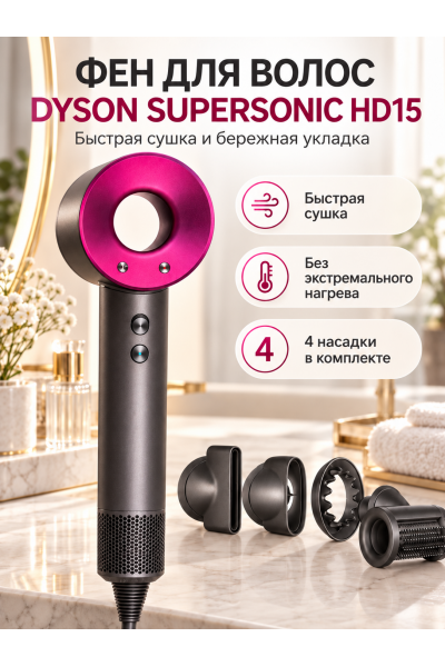 Фен для волос Dyson Supersonic HD15 с 4 насадками, 3 скорости, 4 температурных режима