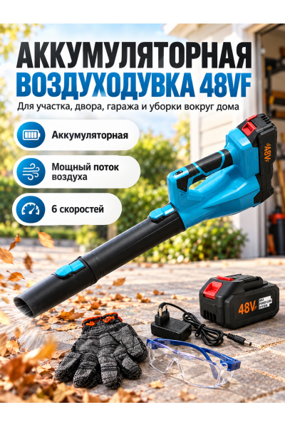 Воздуходувка аккумуляторная 48VF, 6 скоростей, с аккумулятором и зарядкой
