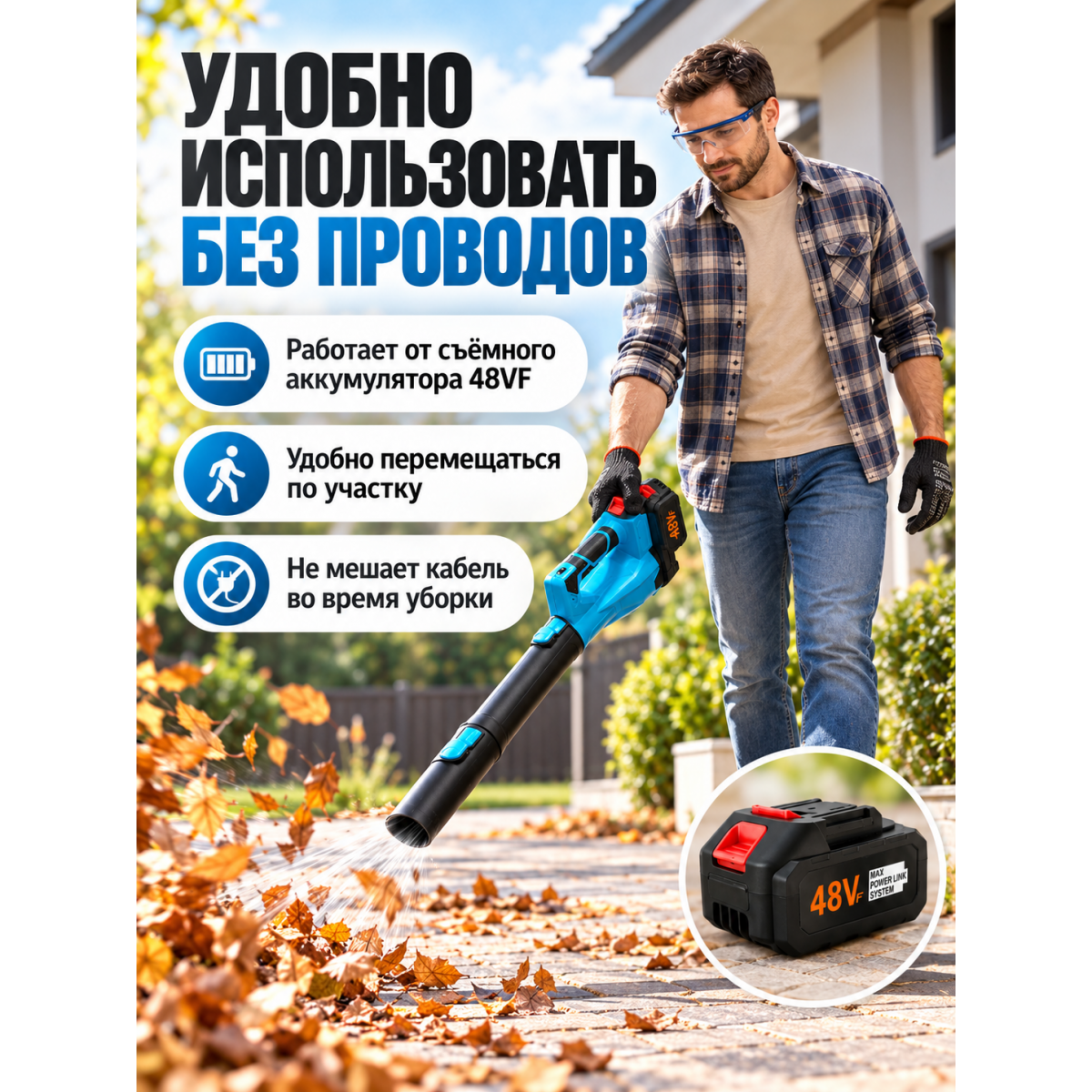 Воздуходувка аккумуляторная 48VF, 6 скоростей, с аккумулятором и зарядкой