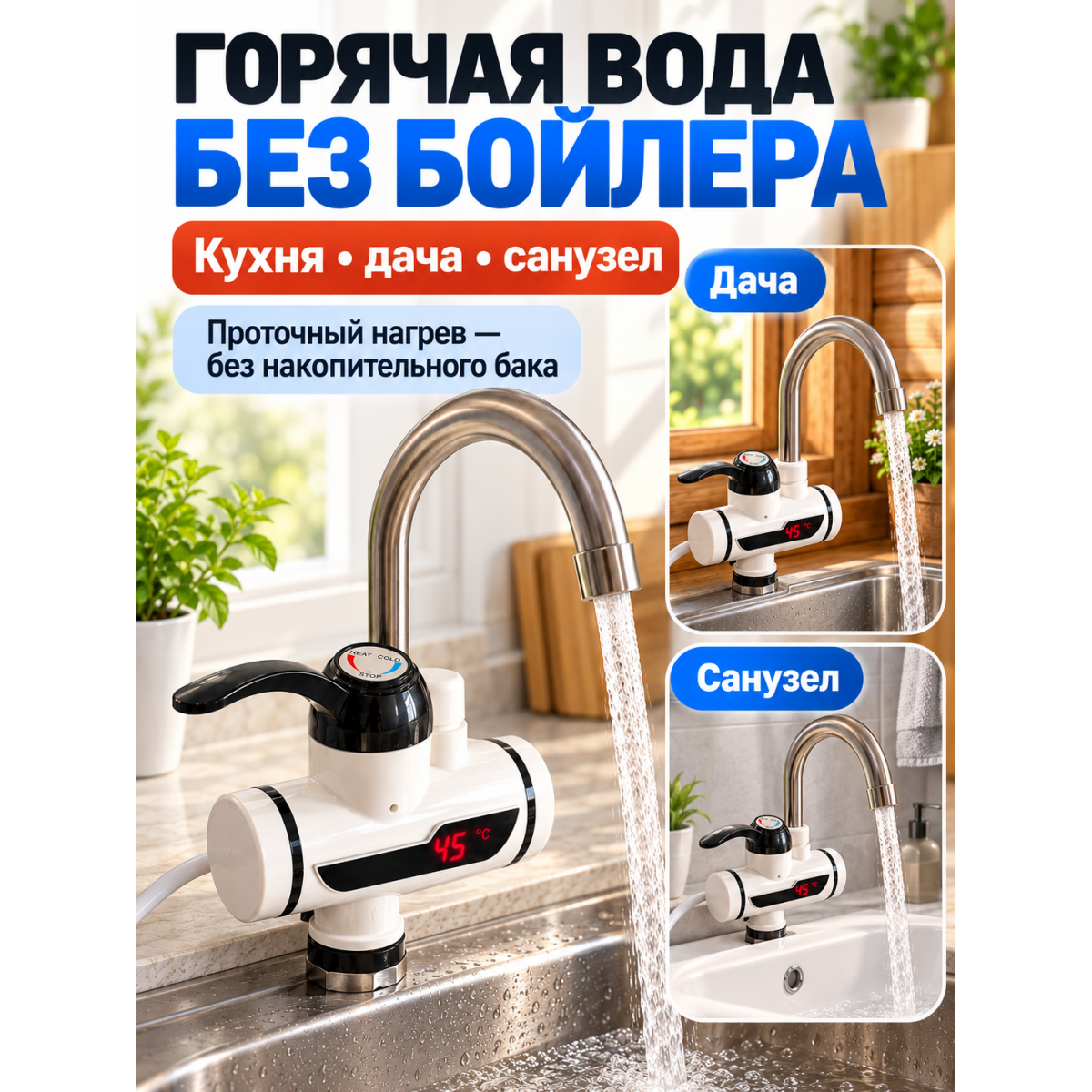 Проточный электрический кран-водонагреватель с лиселем 3000 Вт