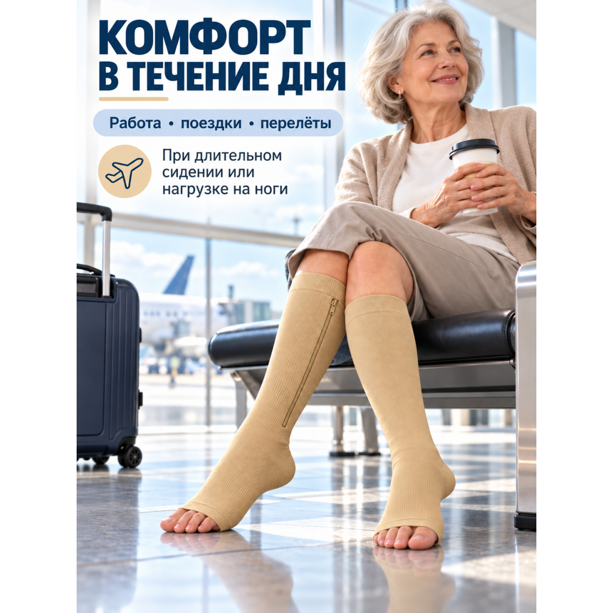 Компрессионные гольфы на молнии с открытым носком, размер XL, бежевые