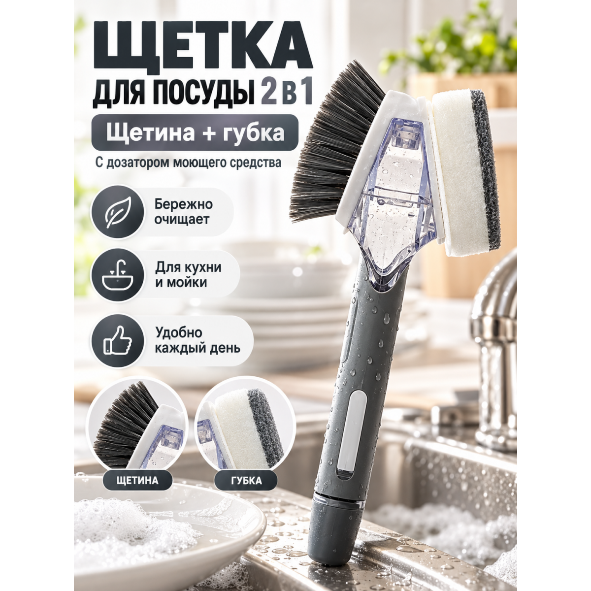 Щетка для мытья посуды 2 в 1 с дозатором моющего средства