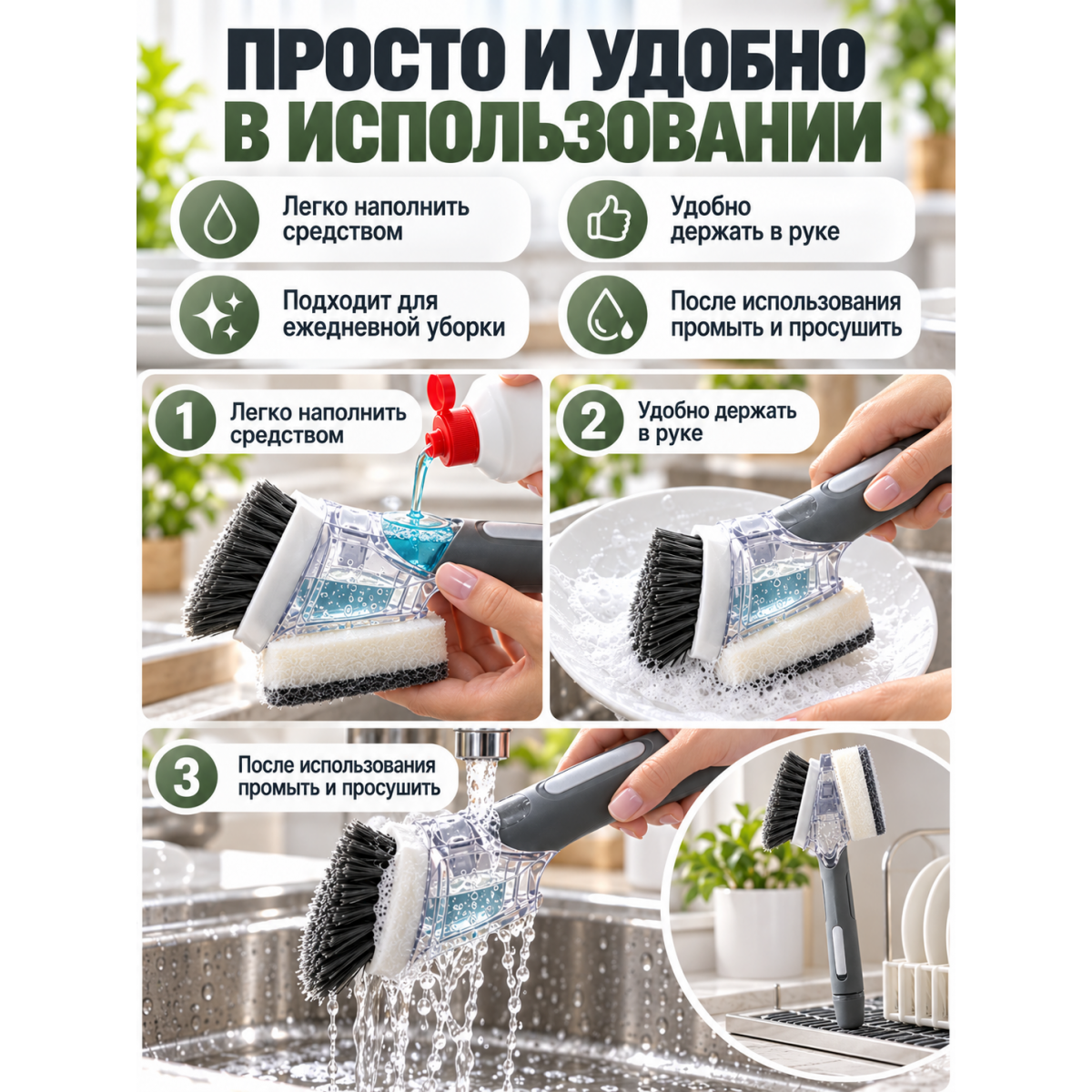 Щетка для мытья посуды 2 в 1 с дозатором моющего средства