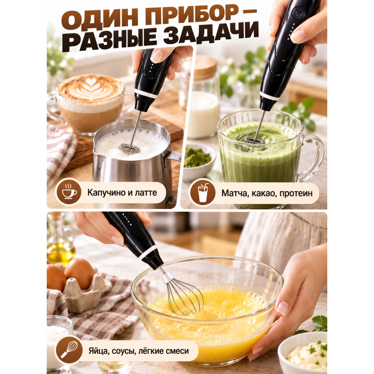 Мини миксер электрический ручной 2 в 1, капучинатор и венчик