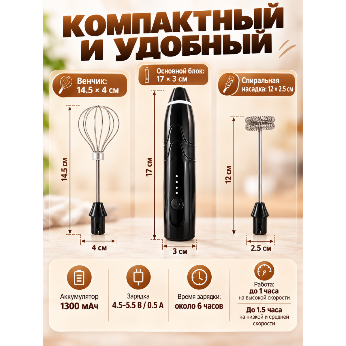 Мини миксер электрический ручной 2 в 1, капучинатор и венчик