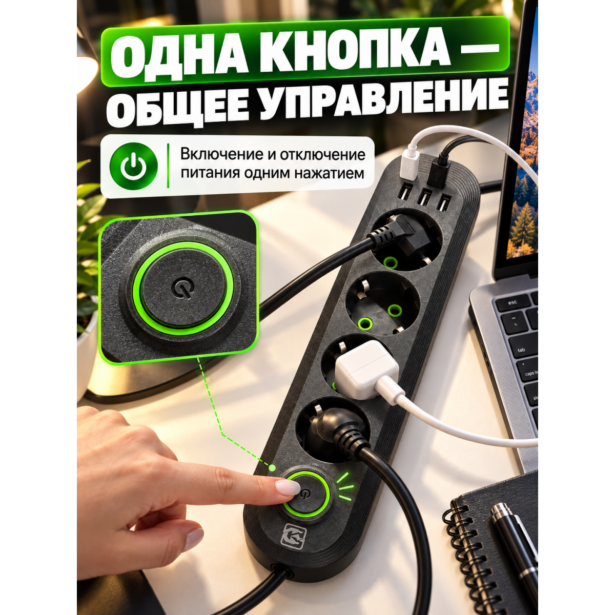 Сетевой удлинитель MEILLEPAI 4 розетки и 3 USB, кабель 4,8 м, 2500 Вт, 220 В, с выключателем, черный