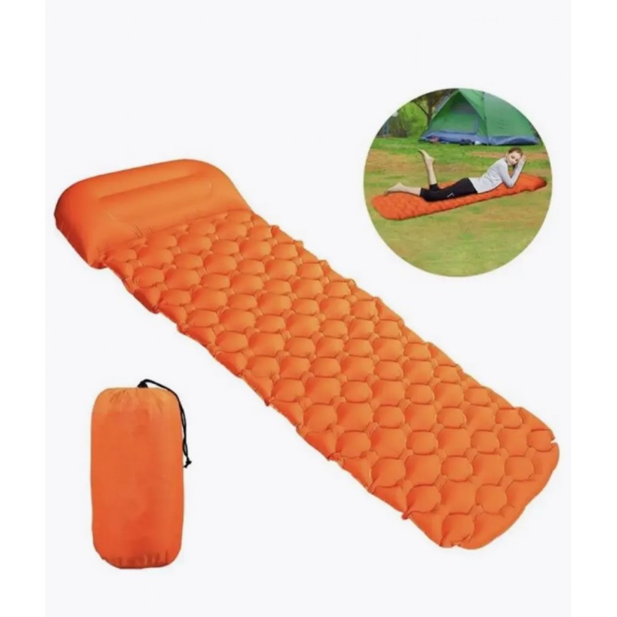 Надувной матрас для дома и туризма + чехол (оранжевый)