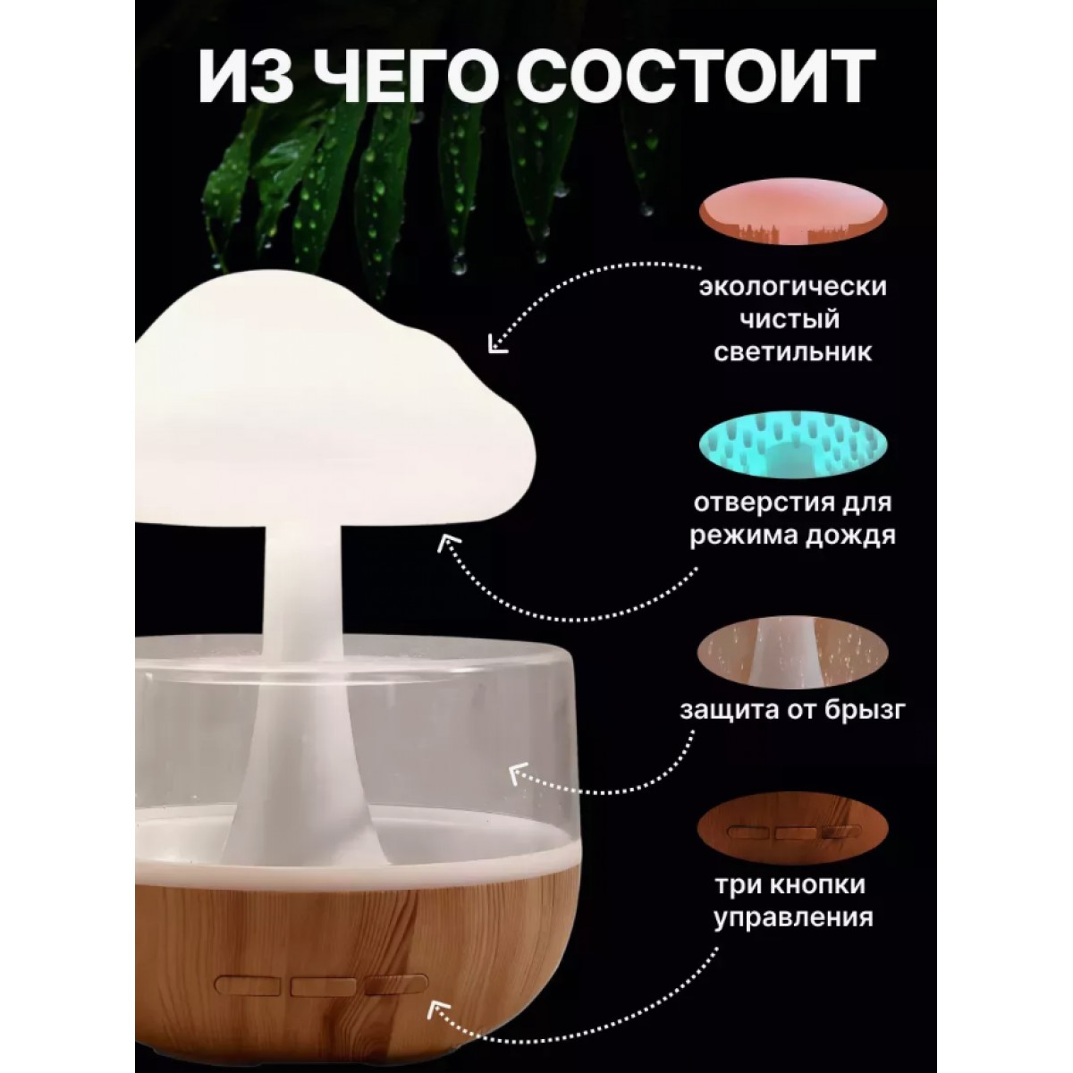 Ночник увлажнитель воздуха Гриб с эффектом дождя