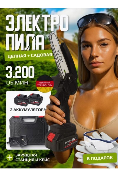 Электрическая цепная пила 6 дюймов с 2 аккумуляторами + кейс Электрическая цепная пила 6 дюймов с 2 аккумуляторами + кейс