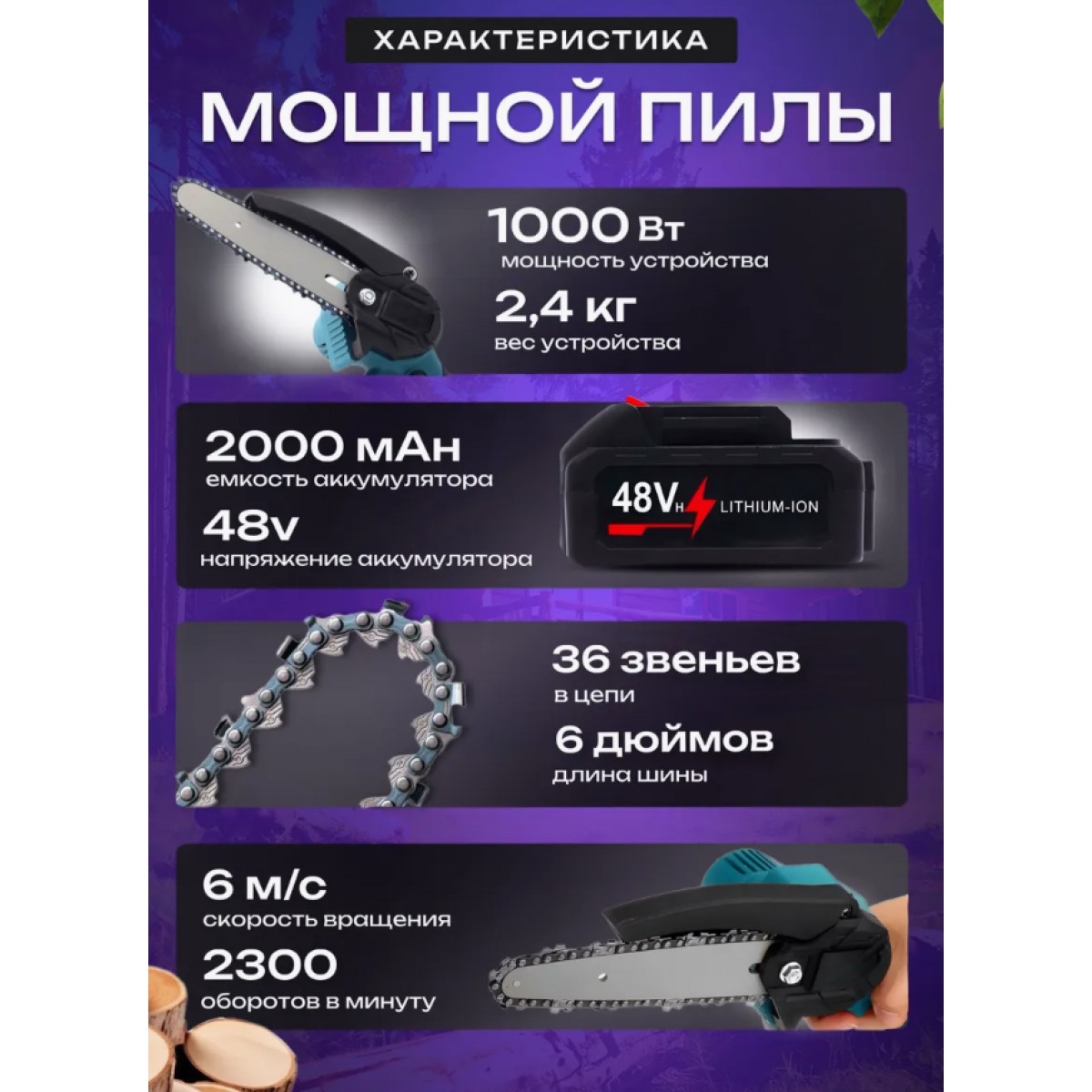 Электрическая цепная пила мини 6 дюймов с 2 аккумуляторами