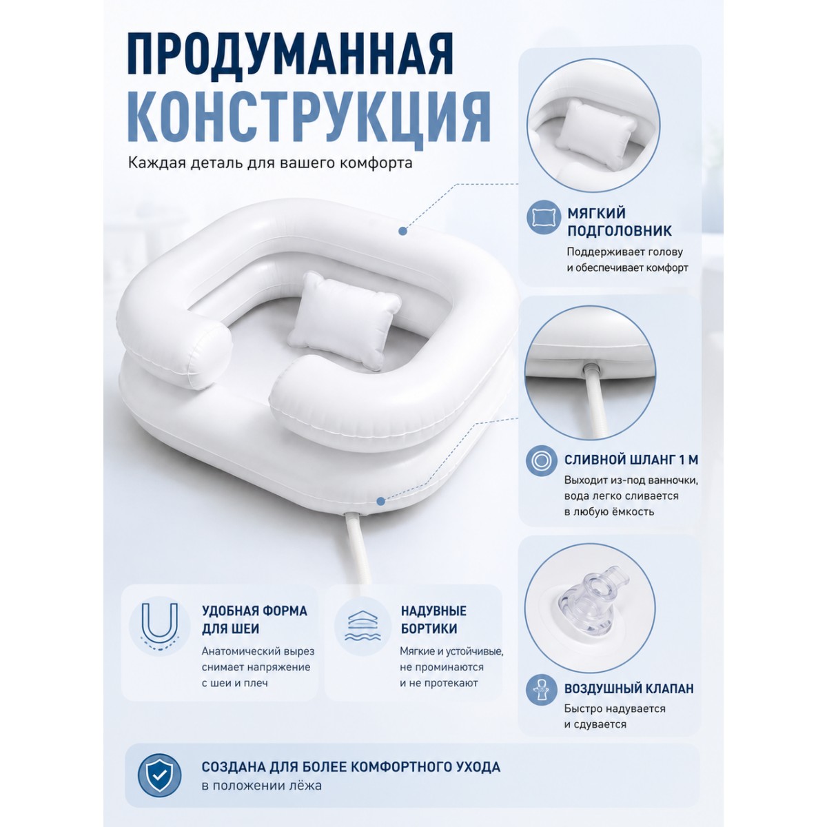Надувная ванночка для мытья головы лежачих больных с подголовником