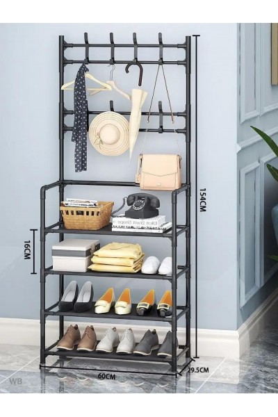 Вешалка напольная металлическая для одежды и обуви (черная)