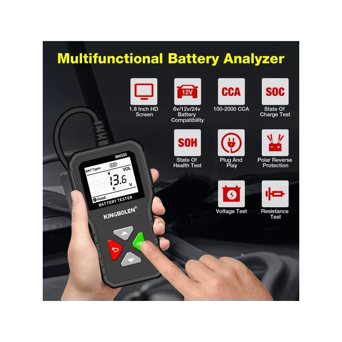 Тестер аккумулятора автомобилей KINGBOLEN BM550 для напряжения 6В, 12В, 24В