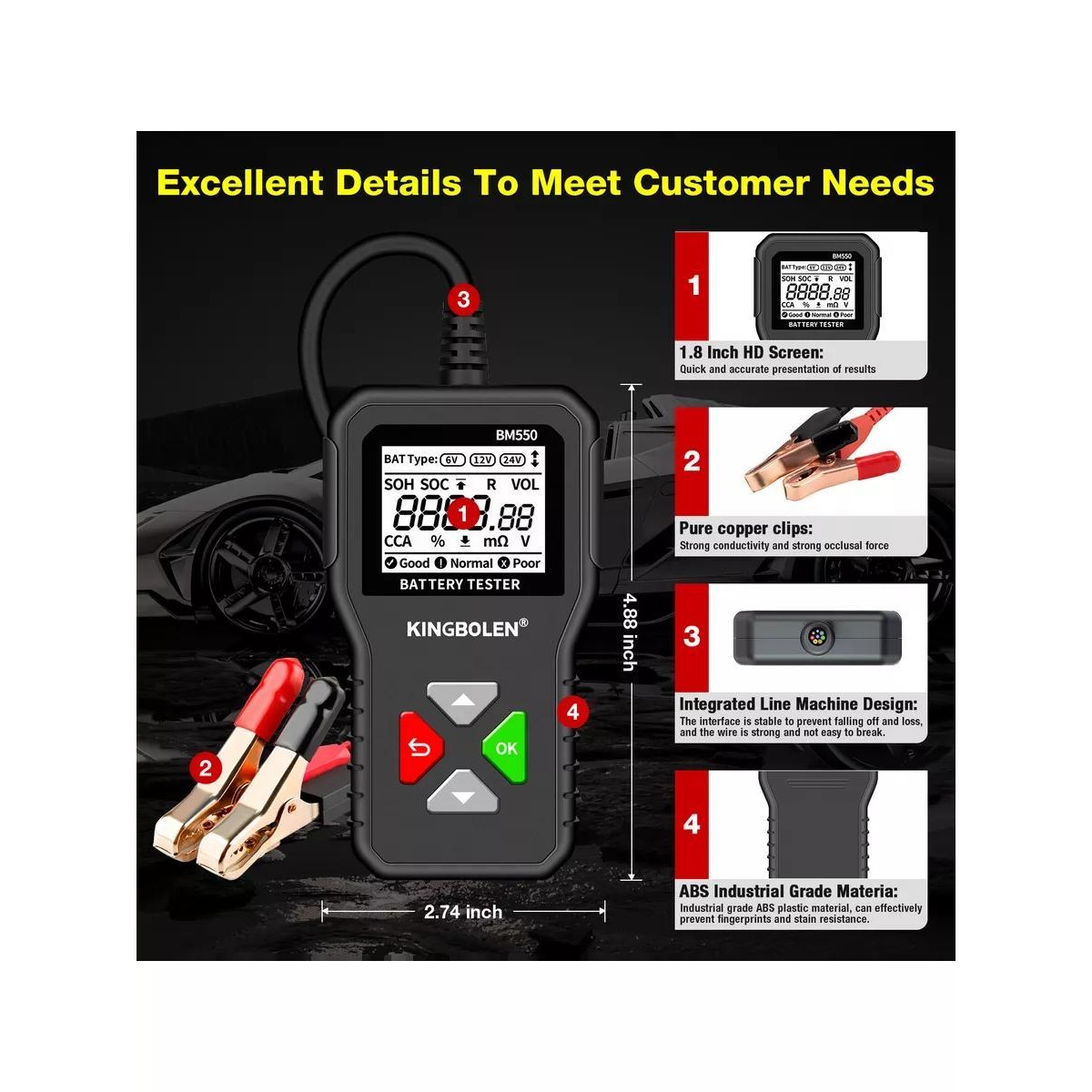 Тестер аккумулятора автомобилей KINGBOLEN BM550 для напряжения 6В, 12В, 24В