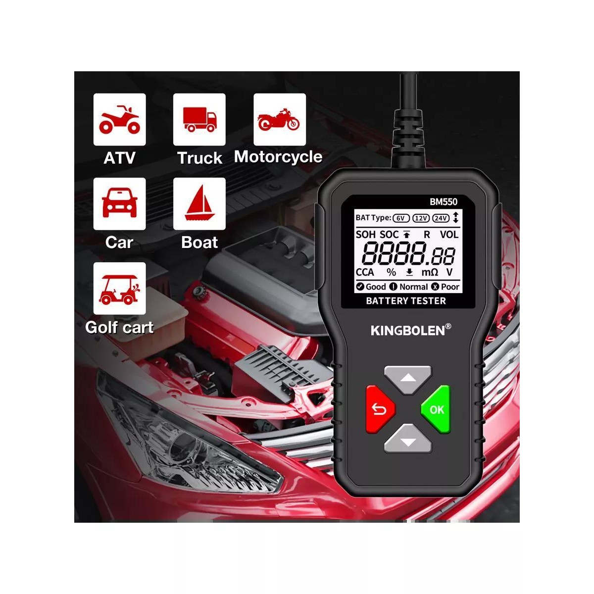 Тестер аккумулятора автомобилей KINGBOLEN BM550 для напряжения 6В, 12В, 24В