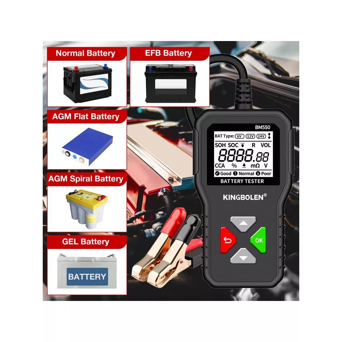 Тестер аккумулятора автомобилей KINGBOLEN BM550 для напряжения 6В, 12В, 24В