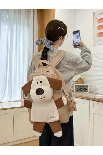 Рюкзак школьный детский для девочек и мальчиков с собакой (бежевый)