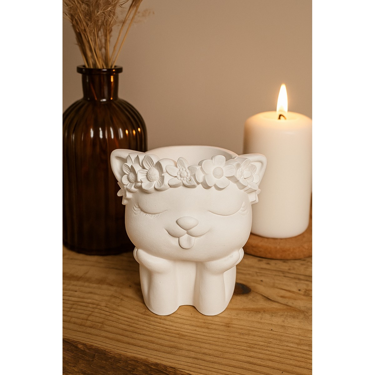 Гипсовая фигурка, статуэтка для декора и раскрашивания Кошка с венком, подставка, органайзер