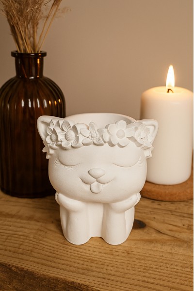 Гипсовая фигурка, статуэтка для декора и раскрашивания Кошка с венком, подставка, органайзер