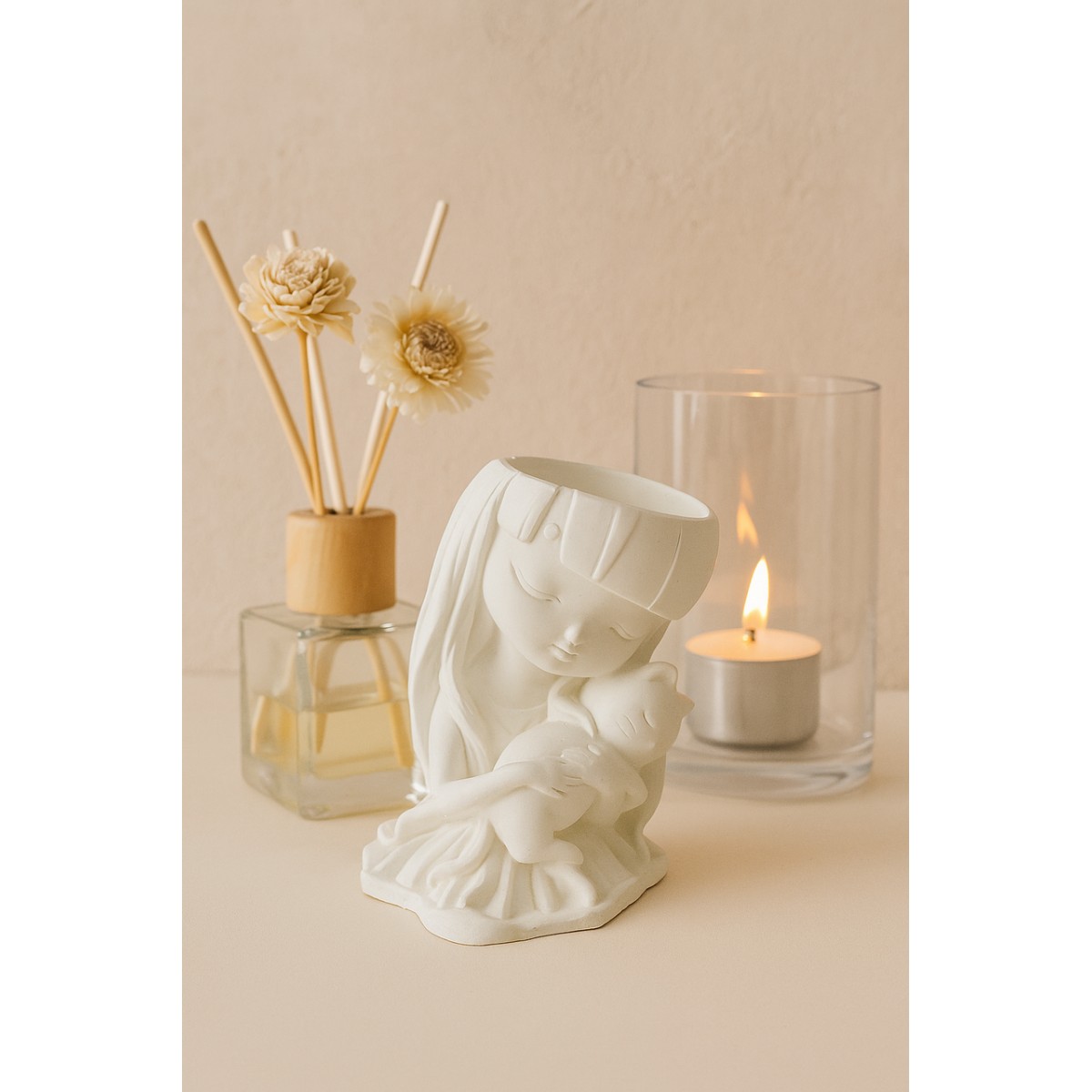 Гипсовая фигурка, статуэтка для декора и раскрашивания Девочка с котенком, подставка, органайзер