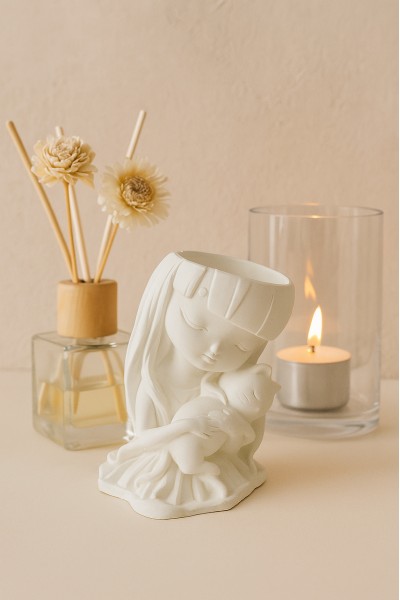 Гипсовая фигурка, статуэтка для декора и раскрашивания Девочка с котенком, подставка, органайзер