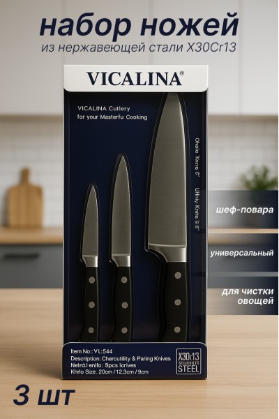 Набор кухонных ножей VICALINA 3 в 1 VL-544 — шеф, универсальный и овощной ножи из нержавеющей стали X30Cr13